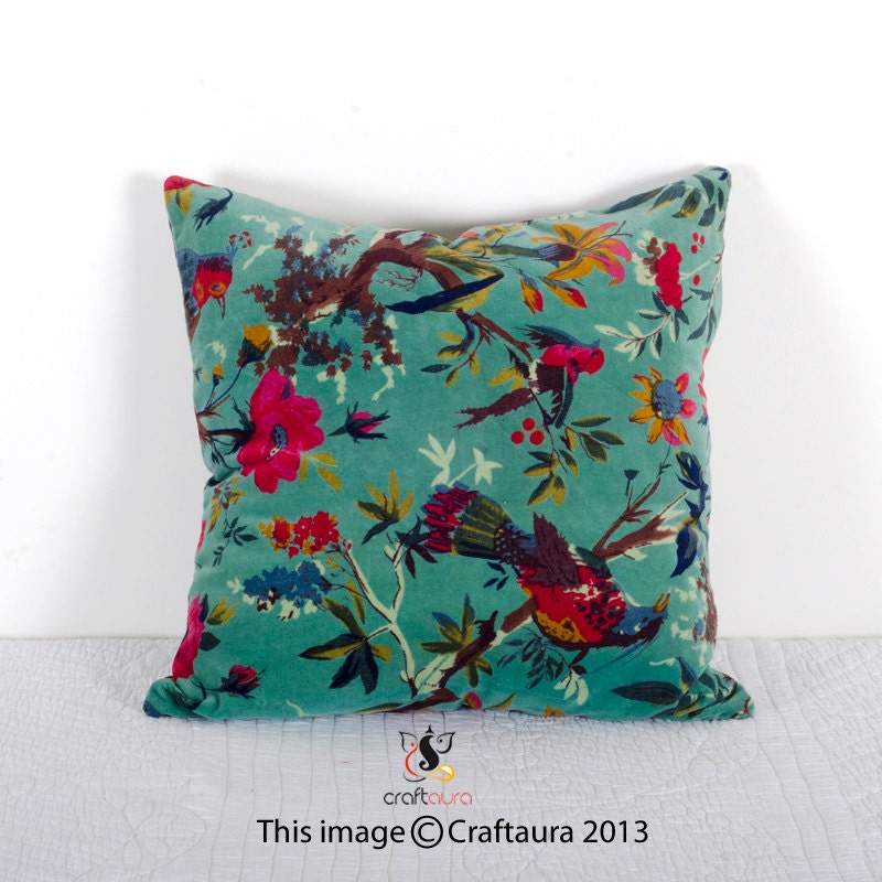 Turquoise Velvet Pillow In Bird Print Velvet by CraftAuraHome