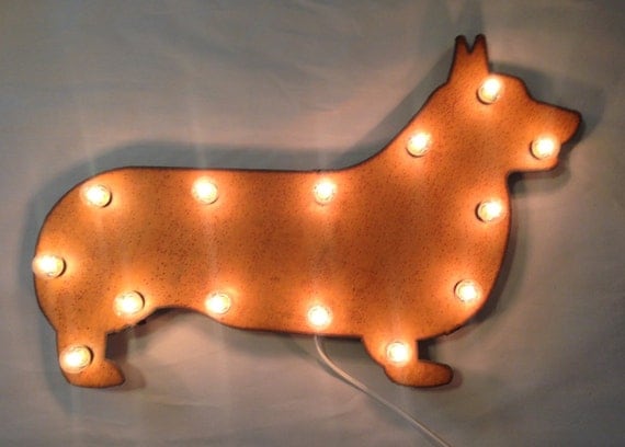 Rusted Recycled Metal Vintage Inspired WELSH CORGI Lighted Marquee Sign