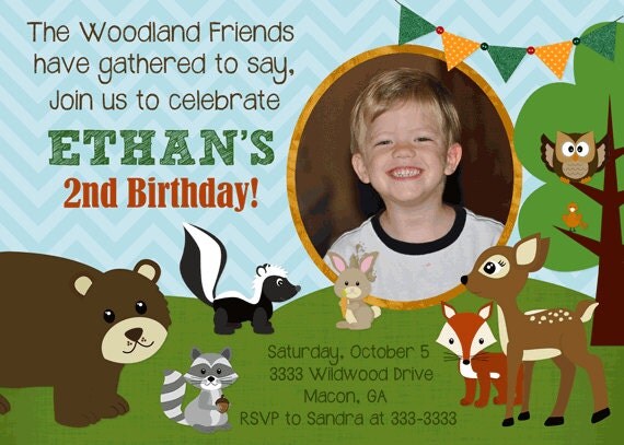 Cute Woodland Forest Friends with Chevron Photo Birthday Party Invitation - Printable Il_570xn