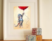 Nursery Art- Cute Sock Monkey and Red Balloon- art print - JennyDaleDesigns