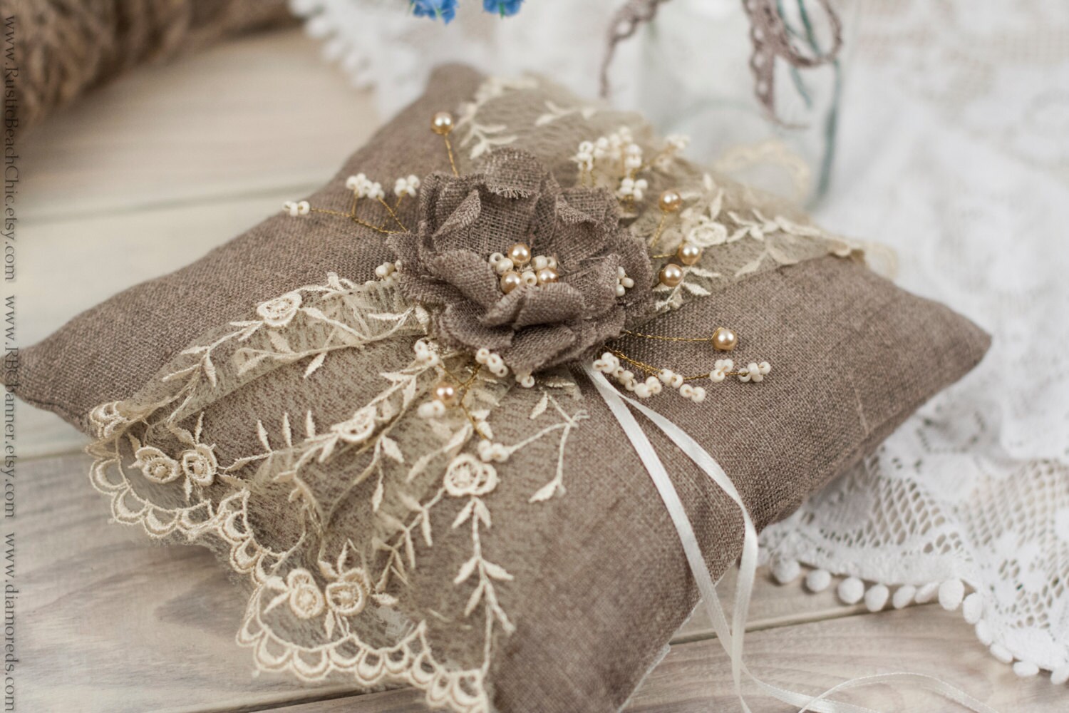 Rustic Chic Wedding ring bearer pillow with rope, lace, pearl and  handmade burlap flower