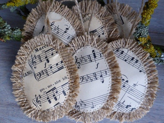 Set of 6 - Rustic burlap egg decorated with vintage music paper- Home Decor -