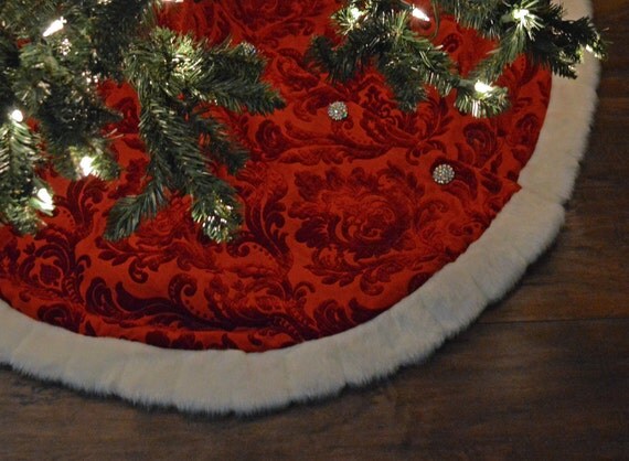 christmas tree skirt red damask with fur by christmas tree skirt red damask with fur by
