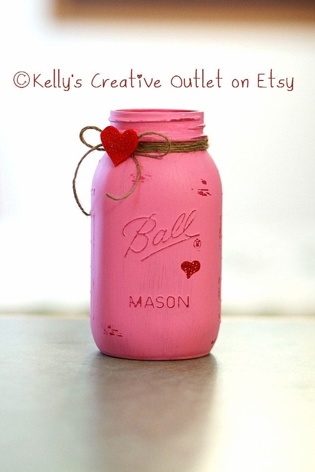 Valentine's Day Decoration - Hand Painted Mason Jar - Shabby - Vase - Home Decor - Gift for Her - Valentine