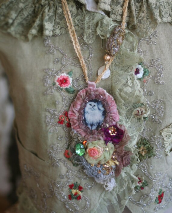 Kitty pendant  necklace- baroque inspired, romantic cute pendant necklace, hand embroidery, beading with vintage textiles