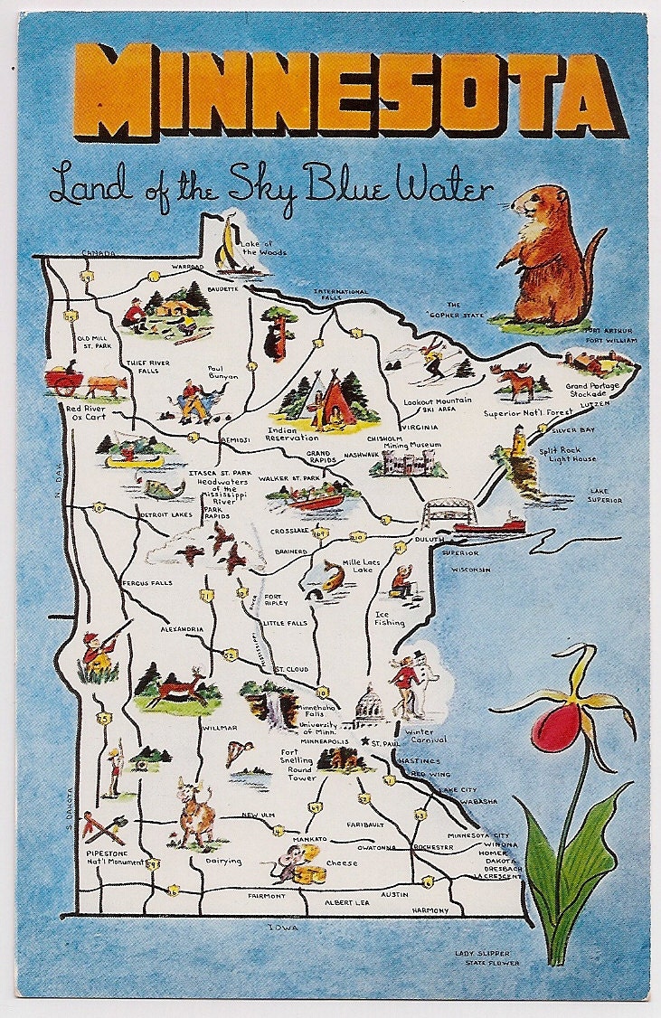 Retro Minnesota Tourist Map Souvenir Postcard by VintagePackRat