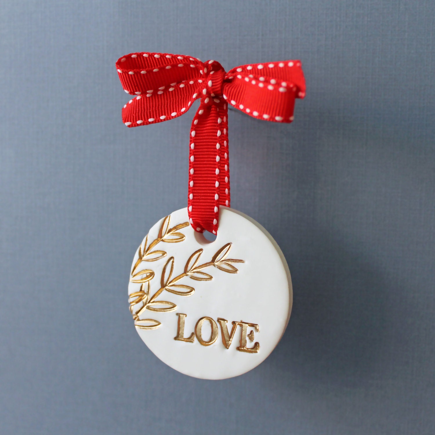 White and Gold Christmas Ornament - Stamped Polymer Clay Painted with ...