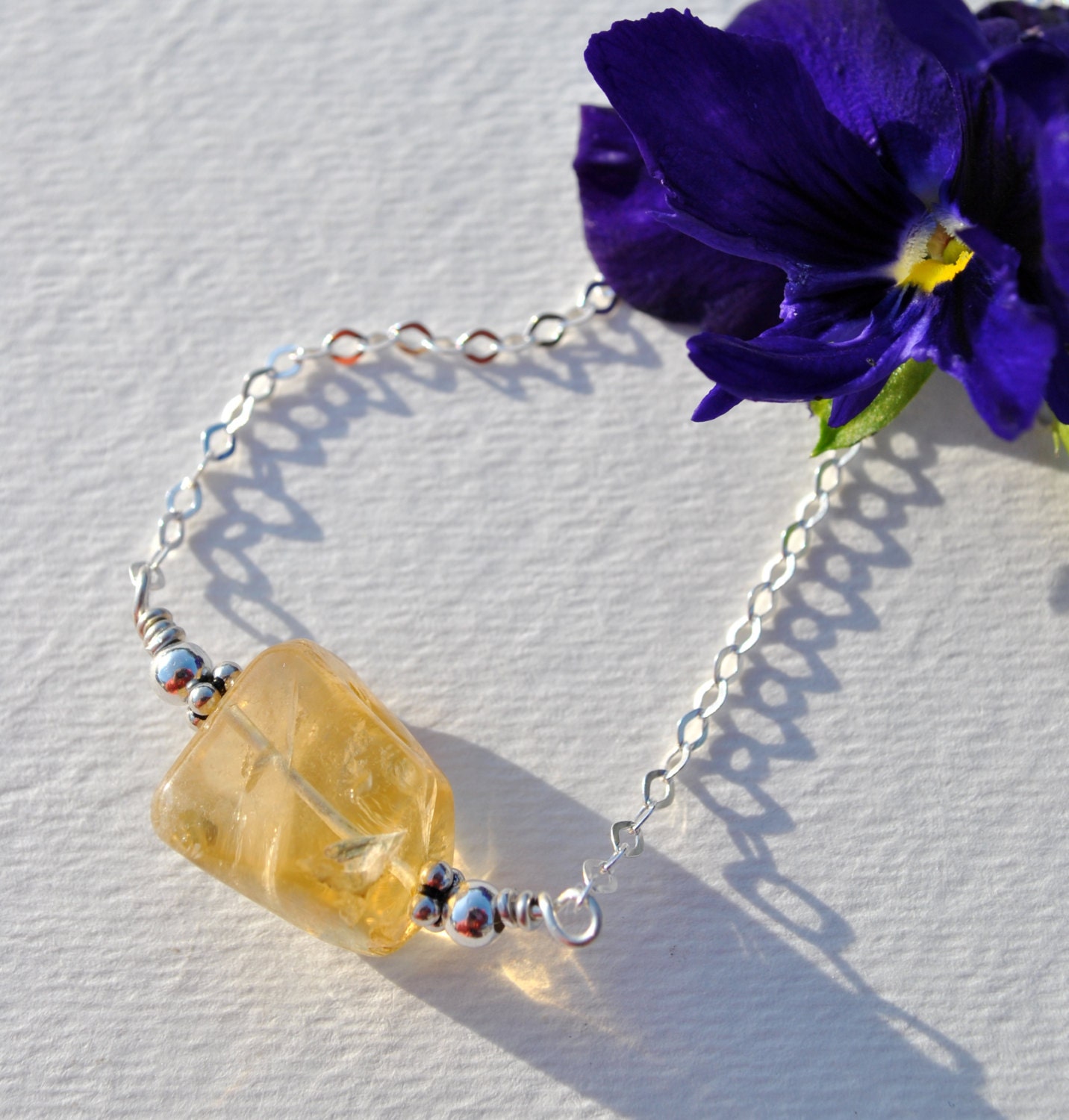 Yellow citrine freeform stone on Sterling Silver chain necklace  boho, minimalist, simple November birthstone - Beechtree