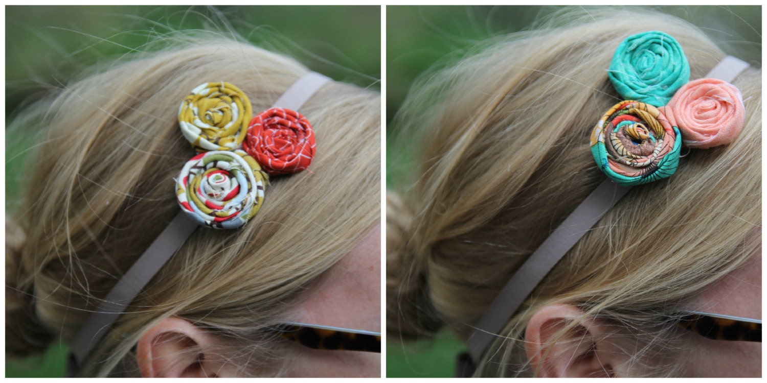 2 in 1 Interchangeable no slip headband with fabric rosettes that will fit any age from babies to adults