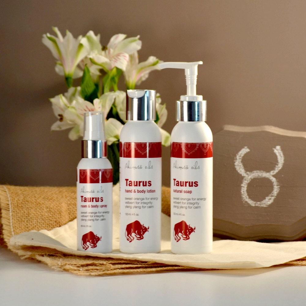 Taurus - Gift Set - Natural body lotion, soap and room spray - Astrological Aromatherapy - AhimsaOils