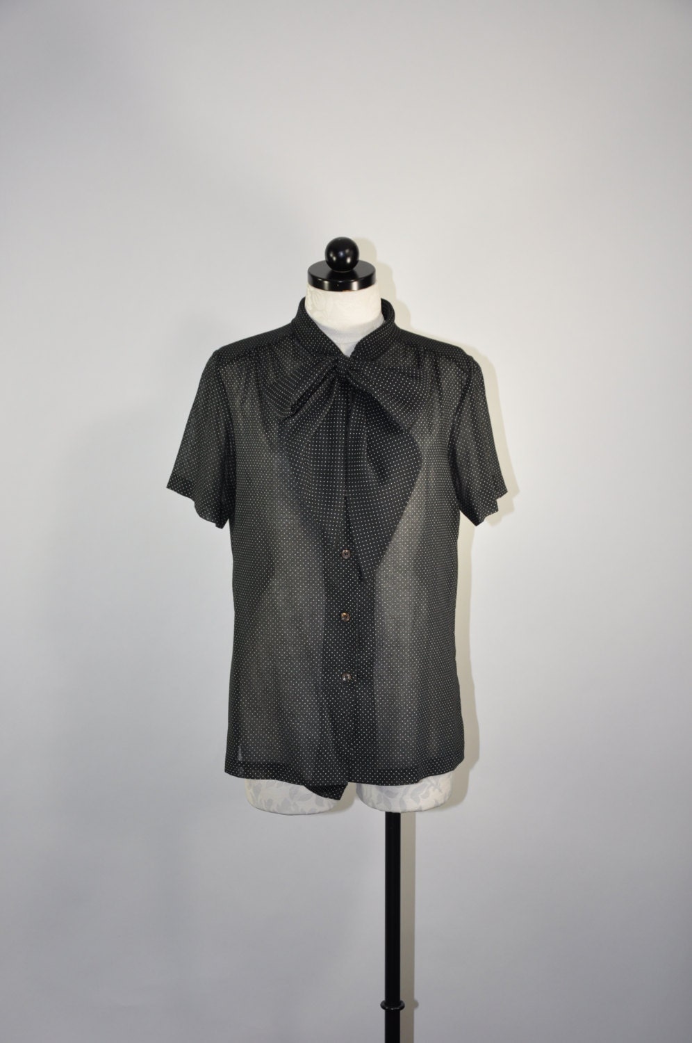 60s black secretary blouse / vintage 1960s bow polka dot shirt / Miss Fashionality blouse - QuietUnrest