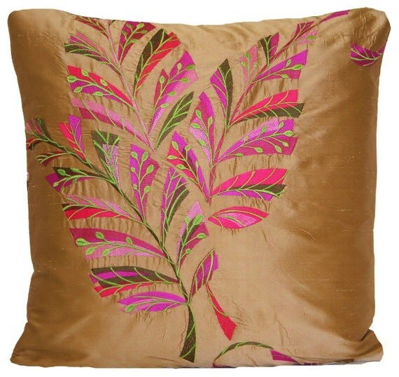 Pink embroidered leaf pattern cushion by coralhomeaccessories Pink embroidered leaf pattern cushion by coralhomeaccessories