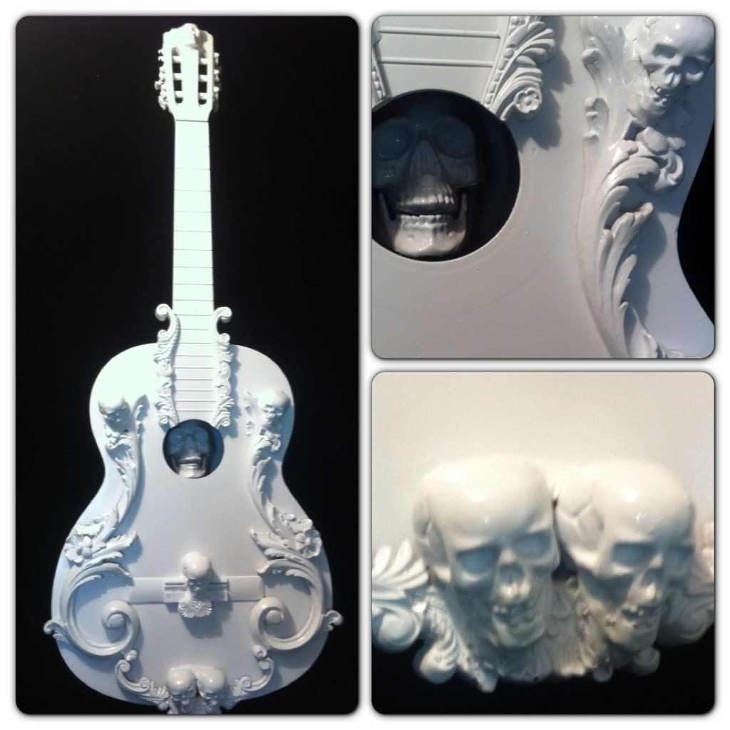 Gloss White Skull Guitar Sculpture Wall hanging Tattoo Goth Dia de Muertos Shabby chic - kyoob