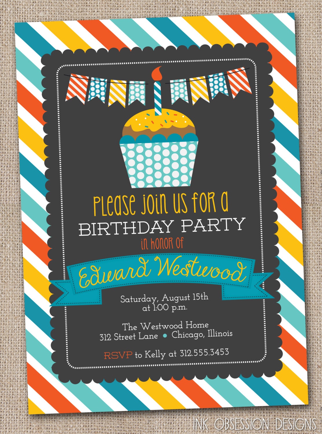 Printable Birthday Party Invitation Cupcake and Stripes Blue Orange Yellow Il_570xn