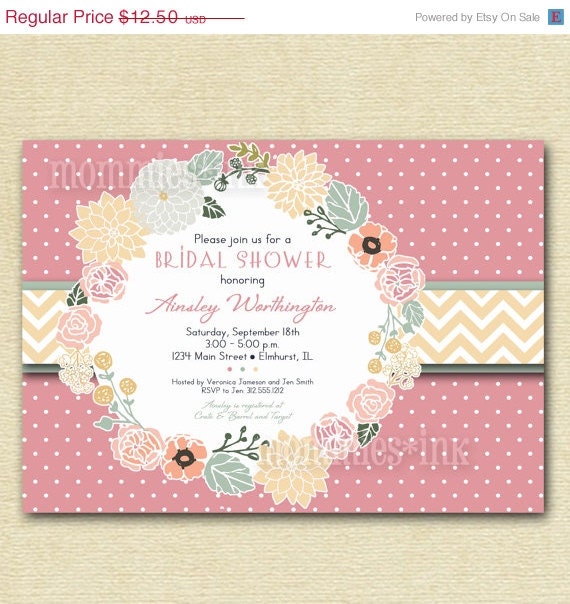 10% Off Holiday Sale Simple Vintage Flower Wreath and Pink Polka Dots Bridal Shower Invite - Yellow Chevron - PRINTABLE INVITATION DESIGN Il_570xn