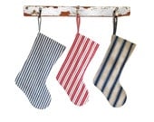 Christmas Stocking-Handmade Vintage Ticking -Small striped Blue And Tan Ticking Holiday Stocking - theprimitivehome