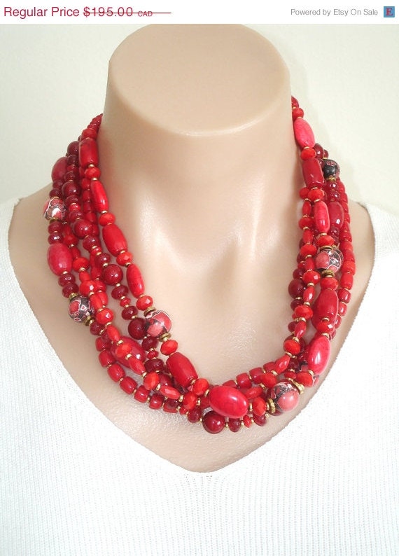 ON SALE Ashira Statement Torsade Necklace with Bright Rich Red Ocean Corals, Red Mosaic Turquoise - AshiraJewelry