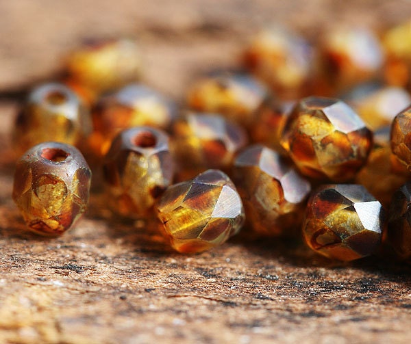 4mm Fire polish czech glass beads - Brown Picasso finish - spacers, round - 50Pc - 0994 - MayaHoney
