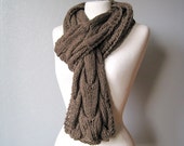 Chunky cable knit scarf unisex brown autumn scarf men winter gift - woolpleasure