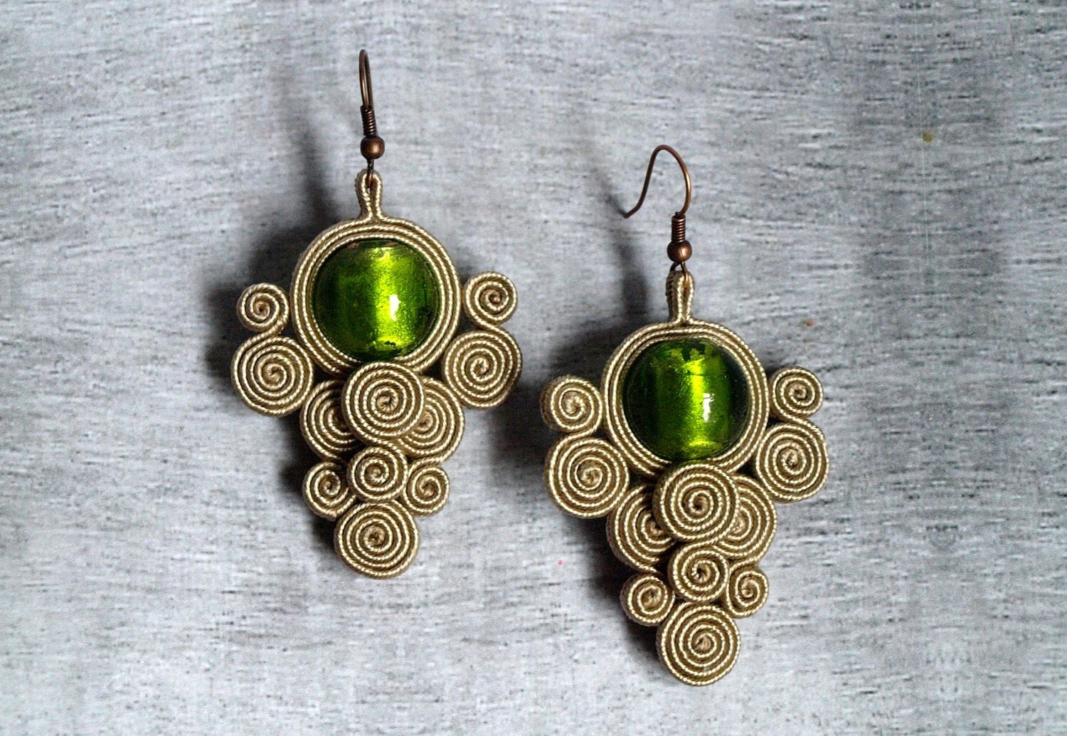 Green beige soutache earrings - murano glass earrings - hand embroidered earrings jewelry embroidery Bridal Party Wedding  Earrings - ShoShanaArt