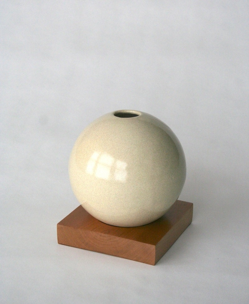 beige ceramic vase with solid cherry base - snicholsstudio