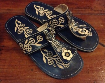 Leather Mexican Shoes- Flip Flops-S andals-Hippie-BOHO- Blue- Handmade