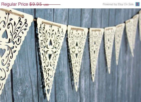 ON SALE Cream Paper Lace Triangle Banner Pennant Garland Bunting Photo Prop Love Family Party reusable banner Il_570xn