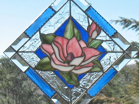 Pink magnolia flower stained glass window panel by ClearerImage
