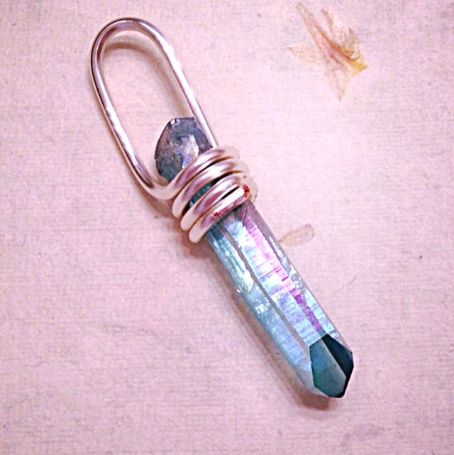 Blue Glowing Crystal Pendant in Silver Wire Wrap ~ Know thy Aura, Know Thyself - SoteloStones