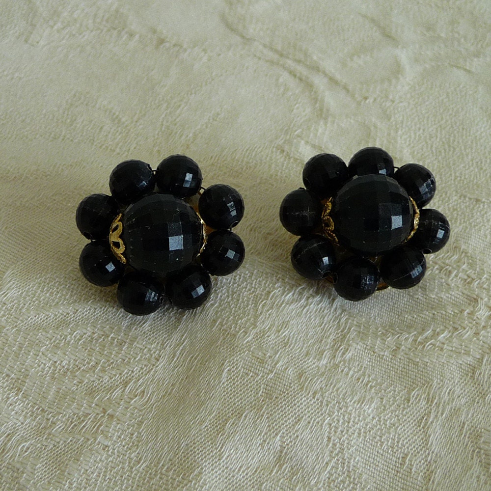 Vintage Gold Tone Black Plastic Beaded Clip On Earrings, Plastic Earrings, Clip Earrings, Clip On Earrings,VL031 - VLLDesigns