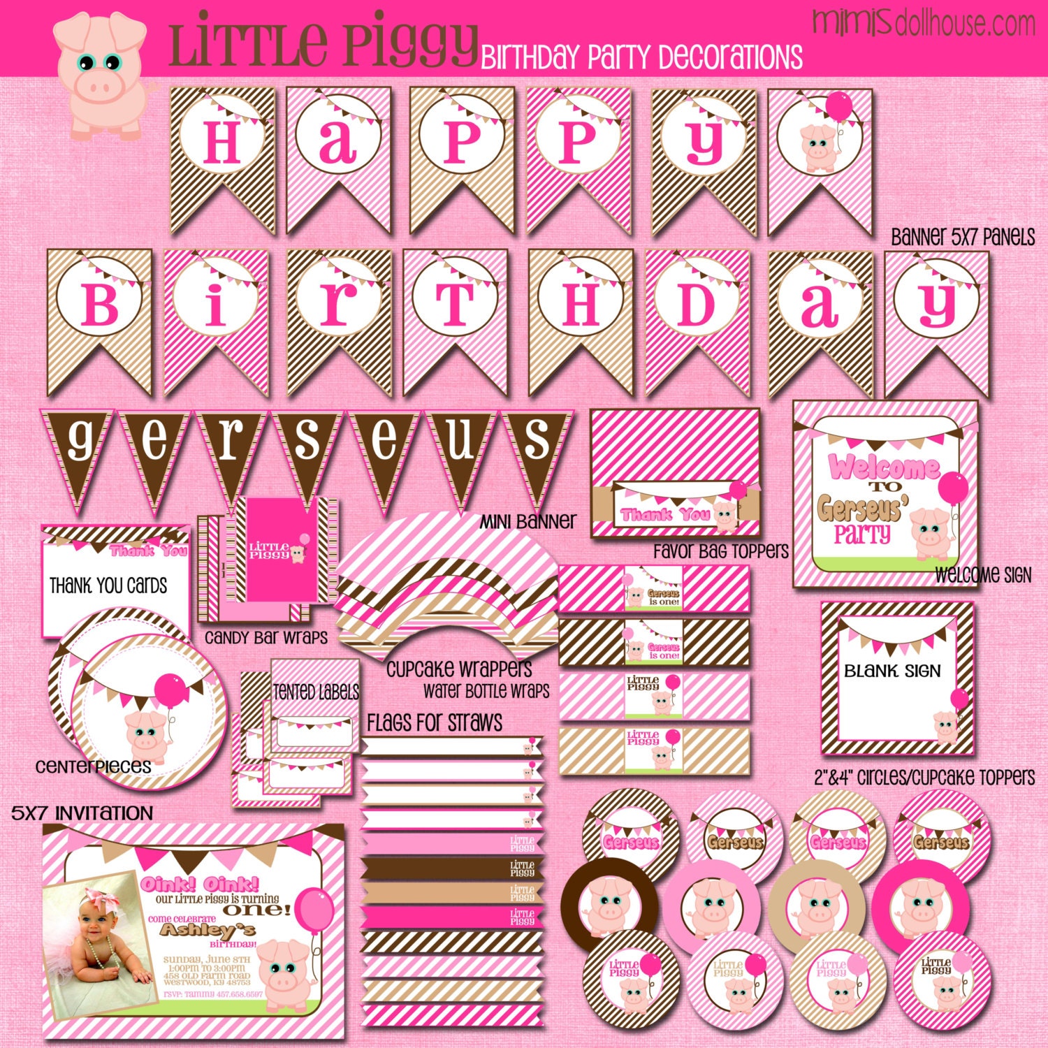 Pig Party Decorations- Printable Little Piggy Birthday Party Decorations- Piggy Birthday Party PDF/JPEG Il_570xn