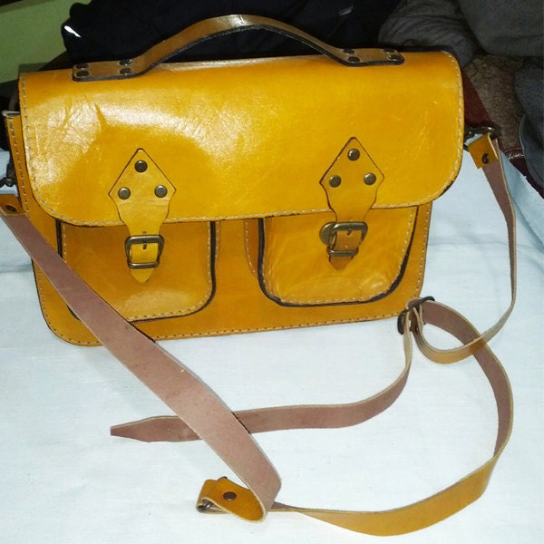 Yellow Leather Tote/ Shopping bag/ iPad Bag/ Shoulder Bag/ Woman bag/ Leather Satchel/ Minibook bag - perimelodi