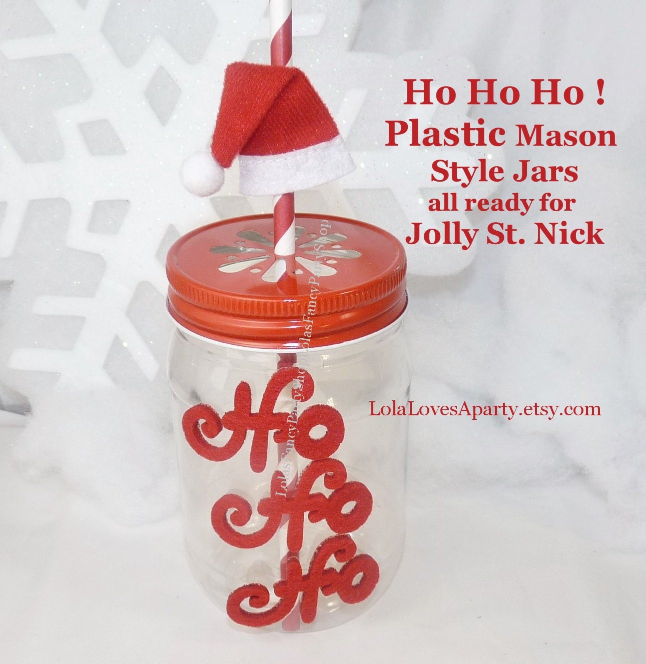 Plastic Mason Style Jars Serve in SANTA Style Ho Ho Ho & Here We GO Retro Il_570xn