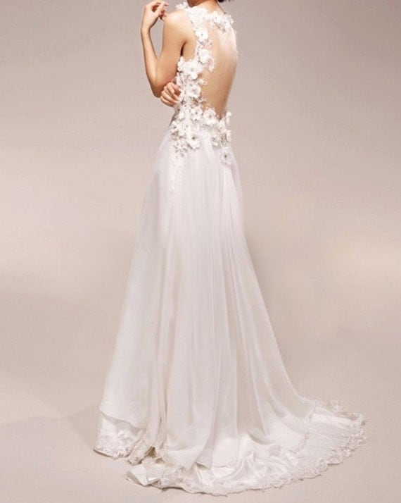 A-line V-neck Neckline Court Train Wedding Dress/ Custom Long Wedding Dress/ Bridal Dresses 2013