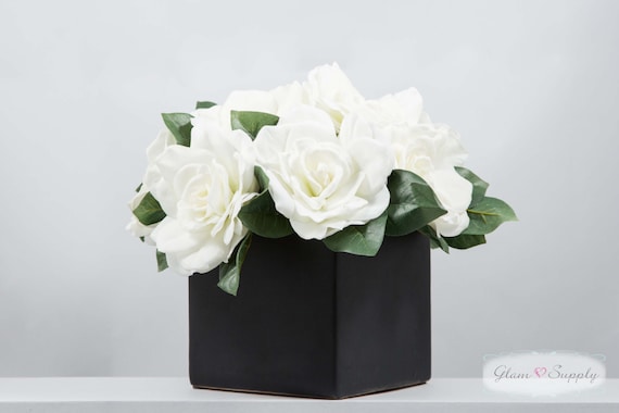 Items similar to White Gardenia Arrangement in Black Vase. Real Touch