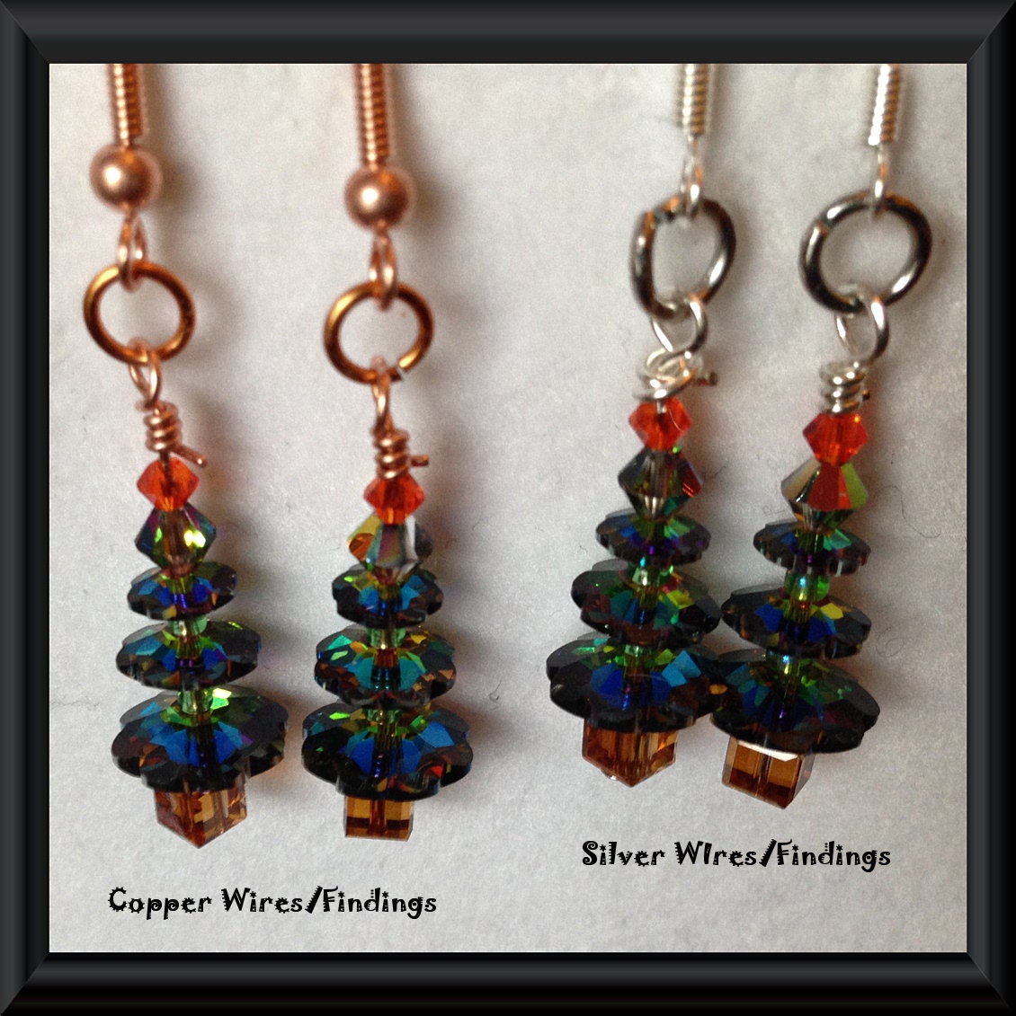 Christmas Tree SWAROVSKI Crystal EARRINGS: Sparkling Iridescent Red,Green & Gold Genuine Swarovski Crystals, Sterling Silver/Copper Earwires - TwinklingOfAnEye