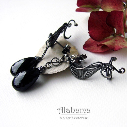 Long ear cuffs with black spinel - OOAK, modern silver earrings - FREE SHIPPING worldwide!!! - AlabamaStudio