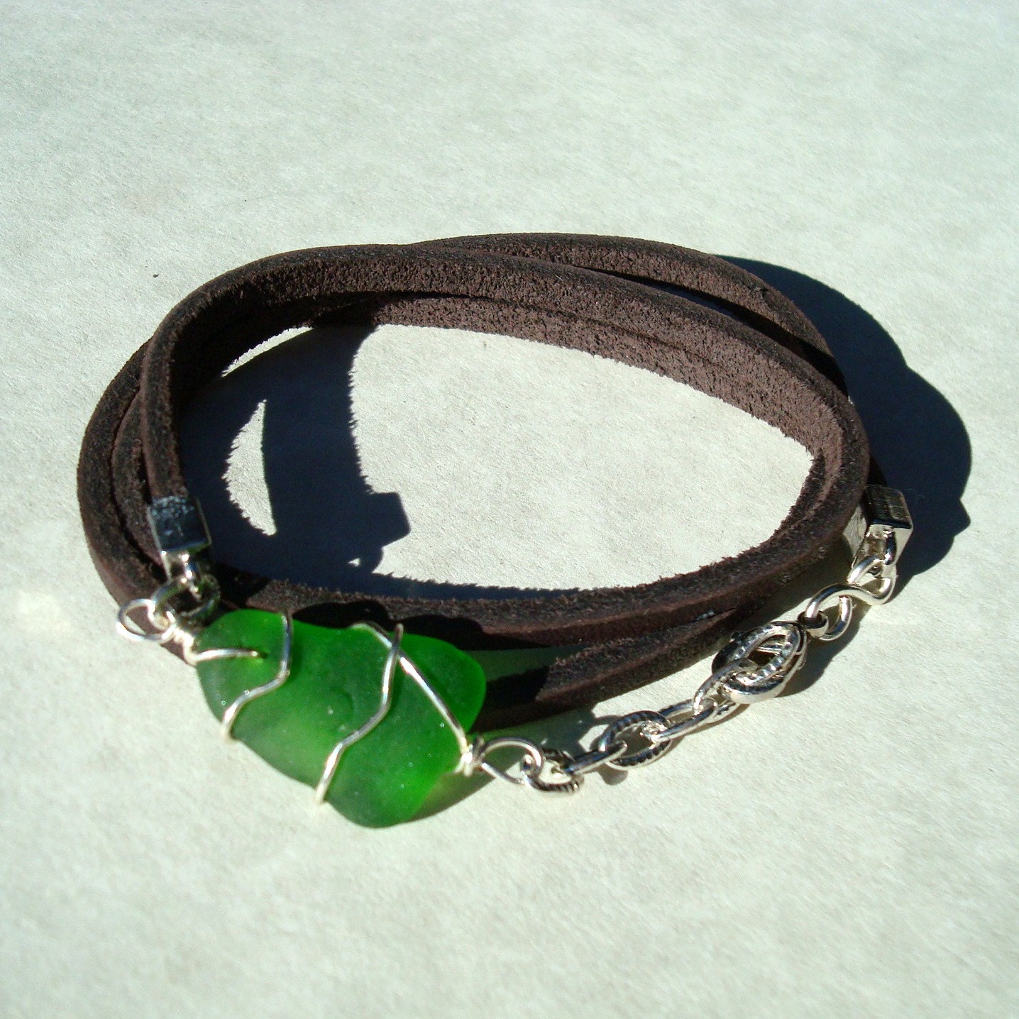 Sea Glass Brown Leather Wrap Bracelet -Green Wire Wrapped Beach Glass Jewelry