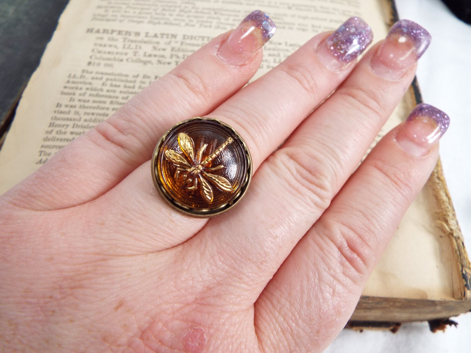 Amber Dragonfly - Amber Glass Dragonfly Adjustable Ring