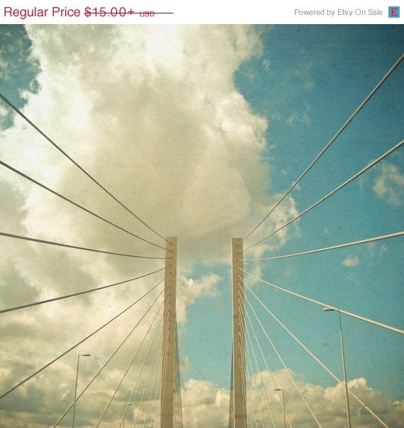 SALE 25% OFF Over the Bridge - Bridge photography, abstract photograph, cloud formations, sky blue, white, gift for him - LolasRoom