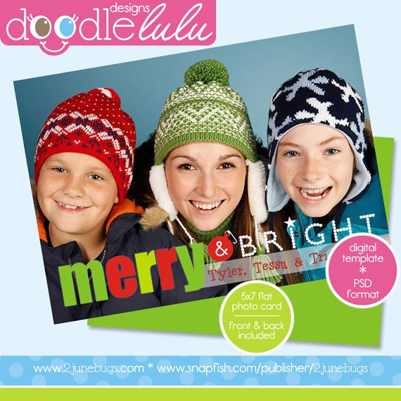 INSTANT DOWNLOAD Digital Printable 5x7 Merry & Bright Christmas Holiday Photo Card Template (Photoshop) PSD by Doodlelulu 2 june bugs Il_570xn