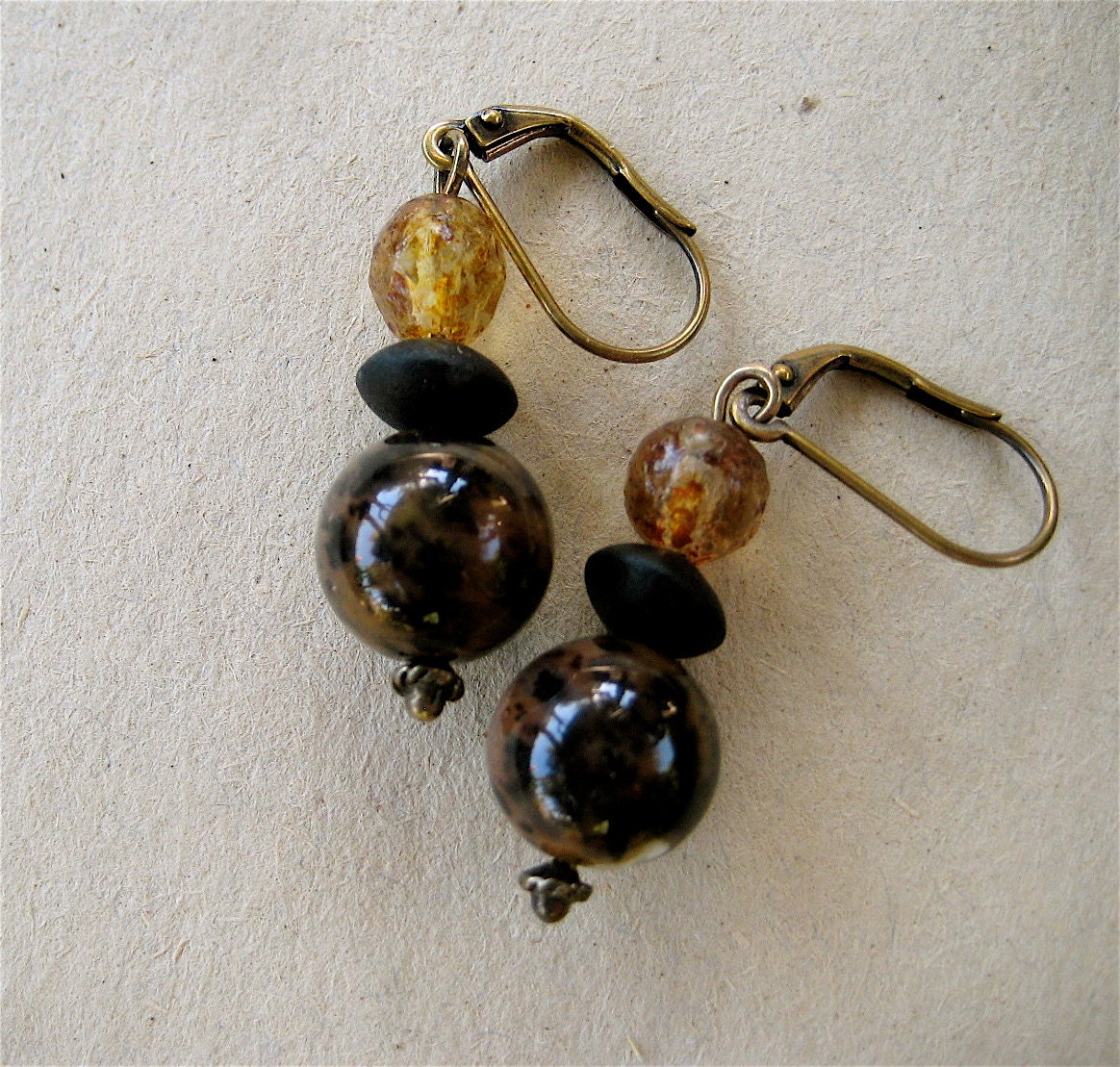 Dendritic Opal Earrings Moss Opal Black Brown Patterns with Black Onyx Gorgeous Fall Colors on Antiqued Brass Hooks - CatchingWaves