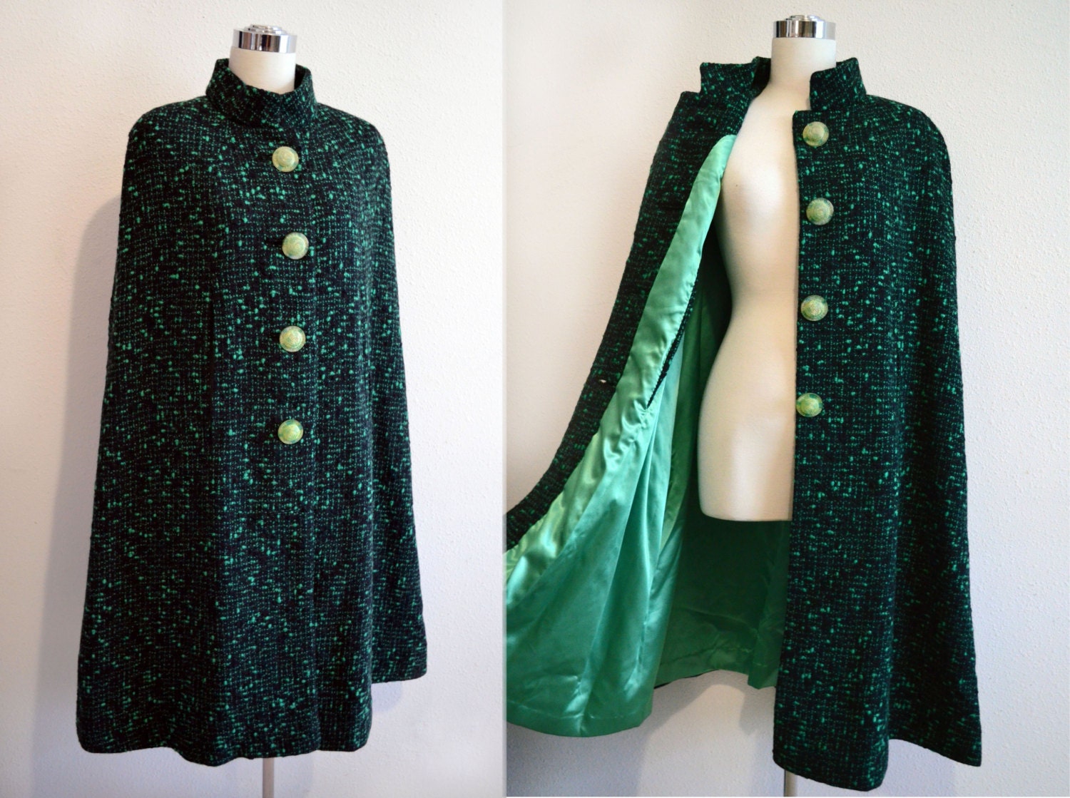Vintage Black and Green Wool Tweed Cape Coat Fab Buttons - VintageDevotion
