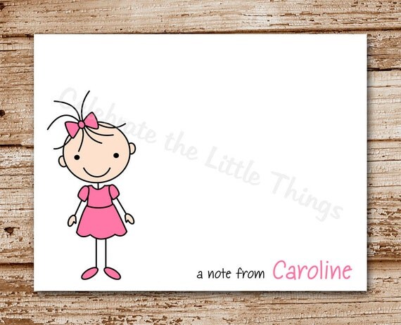 Set of 8 / Girl Note Cards / Personalized Stationery / Thank You Notecards / Stick Kids / Children Il_570xn