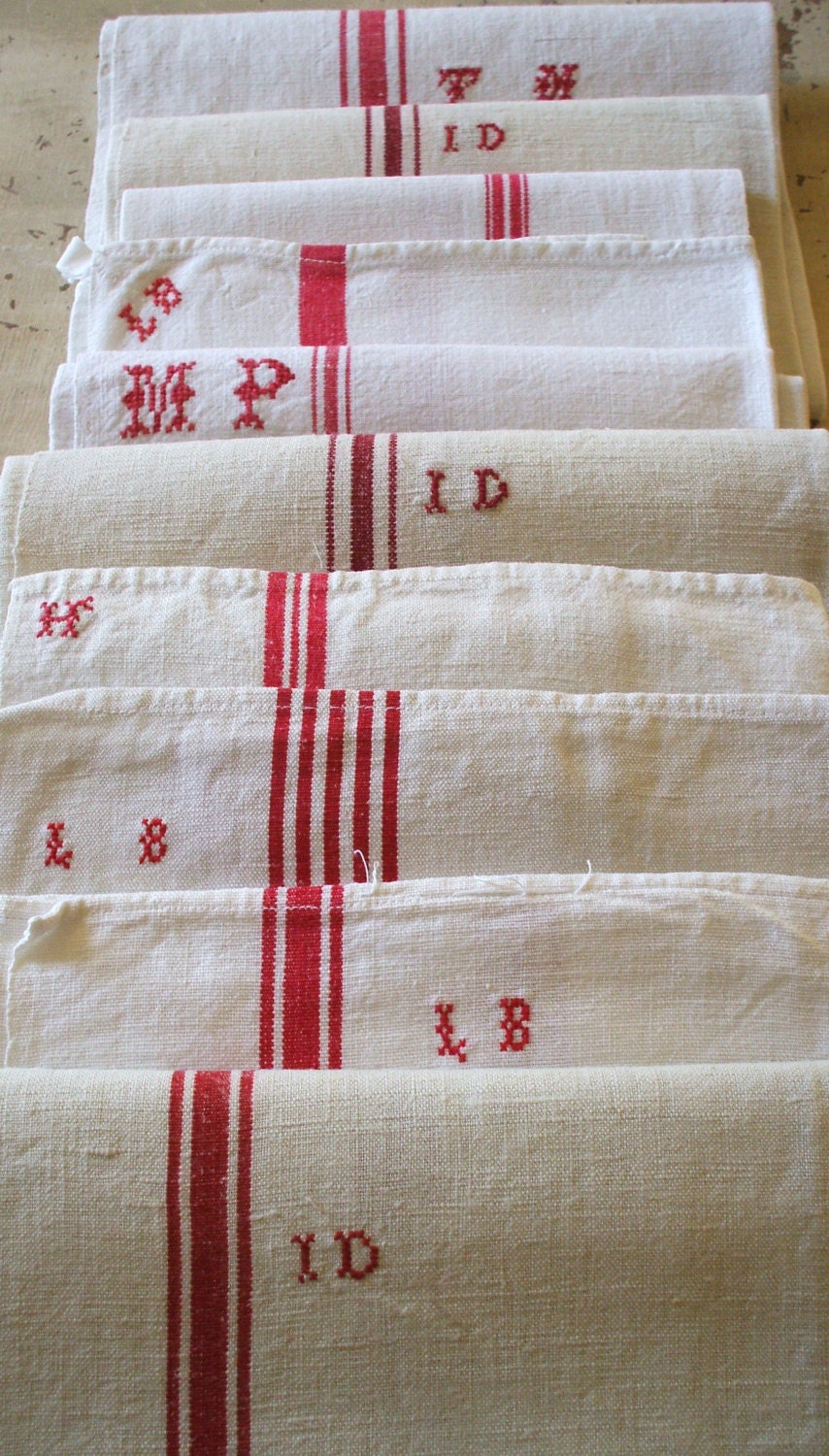 FRENCH LINEN  kitchen cloths red stripe 10 CLOTHS 125 dollars special price  ..linen napkins red linen French torchons - vintagefrenchstyle