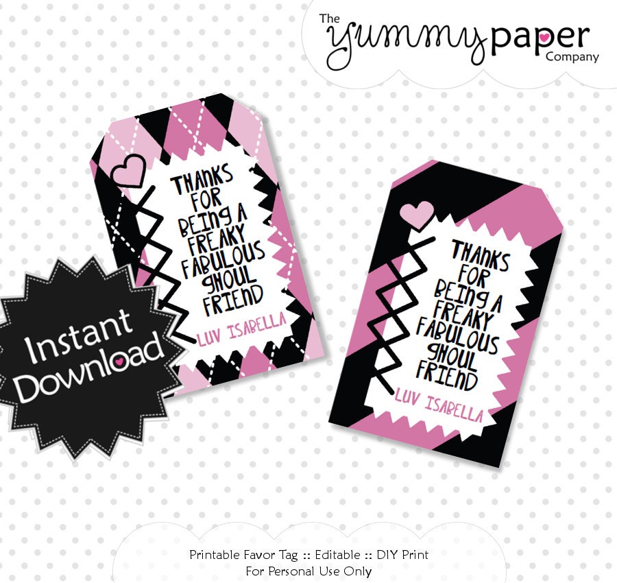 Editable Monster Girl Party Favor Tags - Instant Download - Monster High Inspired Editable PDF .. mh01 Il_570xn