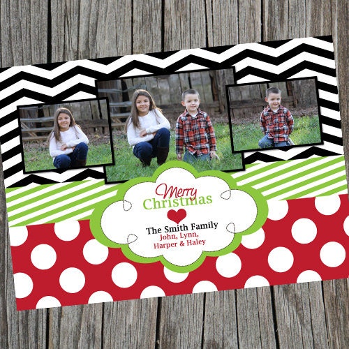 Printable and Customized Holiday Photo Card. Personalized Christmas Card. Chevron and Polka Dot Christmas Card. Il_570xn