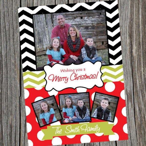 Printable and Customized Holiday Photo Card. Personalized Christmas Card. Chevron and Polka Dot Christmas Card. Il_570xn