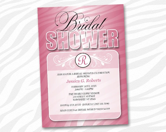 ... Zebra Bridal Shower invitations - Pink Fusion Zebra Stripes Monogram