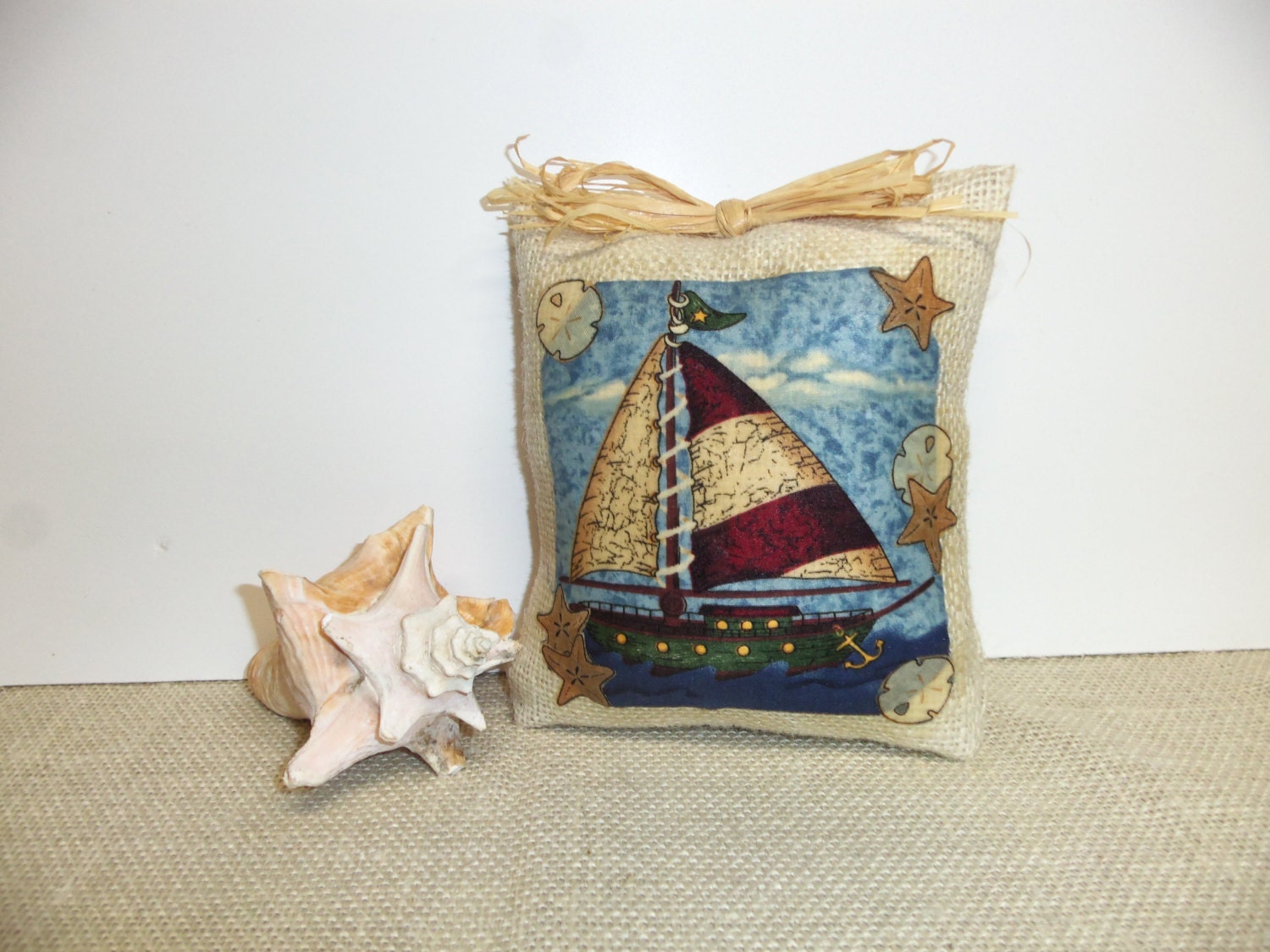 Sailboat, Beach Cottage Decor, Sailboat Burlap Mini Pillow, Sailboat Pillow
